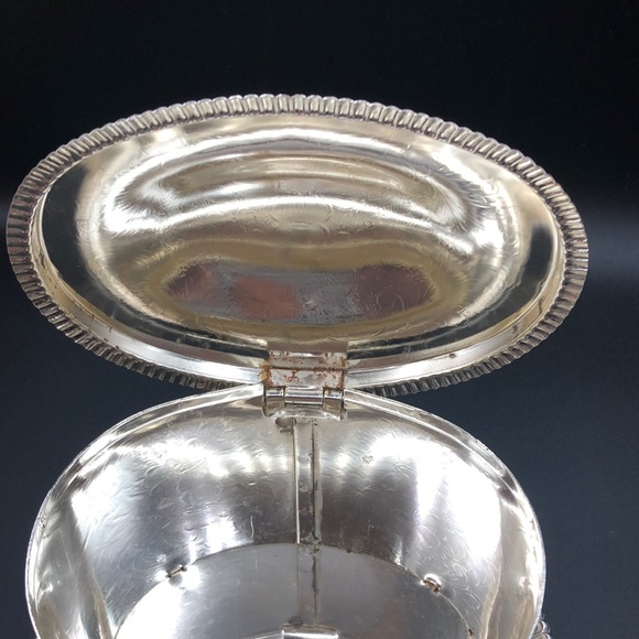 VINTAGE MAYELL SILVER PLATE BISCUIT BARREL ETCHED FLORAL, ATTACHED UNDERPLATE - Picture 7 of 10